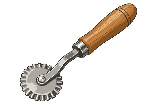Vintage Pastry Wheel Cutter with Wooden Handle, Fluted Dough and Ravioli Cutting Tool Isolated on White Background