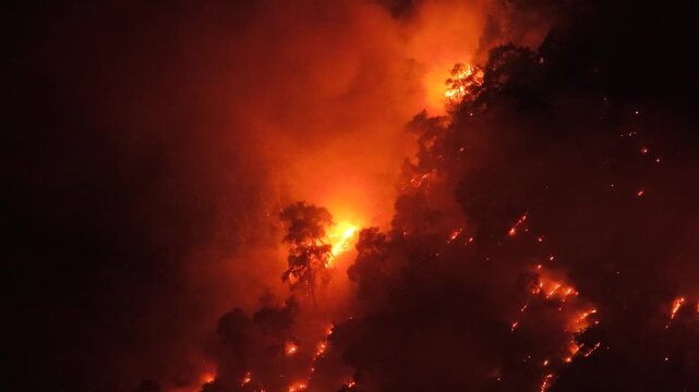 Dramatic night aerial drone shot of a fierce wildfire burning trees on a mountain slope with heavy smoke and bright glowing flames.