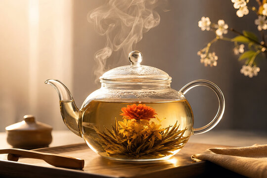 A clear glass teapot overflows with warm, light amber tea, accented by a vibrant floral arrangement of orange and yellow dried petals.
