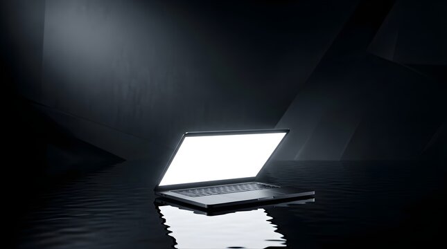 Open laptop with glowing blank screen reflecting on dark water surface