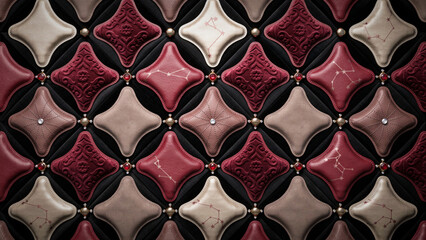 Fototapeta premium Luxury Quilted Wall Texture Featuring Intricate Diamond Pattern with Celestial Constellation Details and Red Velvet Fabric Accents