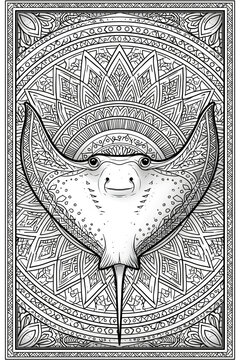 Mandala fish coloring page, majestic stingray with intricate geometric patterns and ornamental mandala background, coloring book illustration., offering a unique and highly detailed perspective