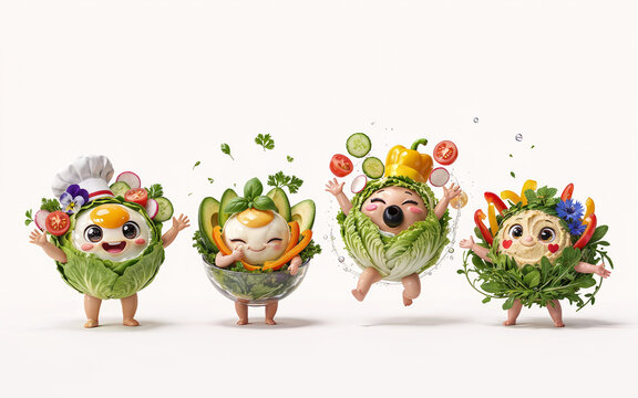 Whimsical Anthropomorphic Salad Characters Featuring Fresh Vegetables and Eggs in a Playful 3D Rendered Scene