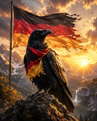 Fototapeta premium Majestic raven with German flag scarf standing on mountain peak at sunset 4K wallpaper