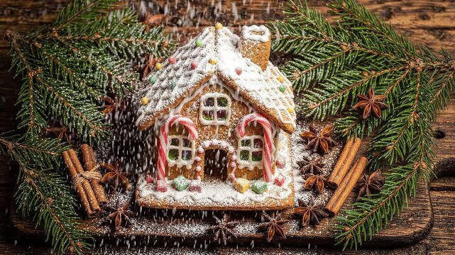 Festive gingerbread house surrounded by evergreen branches, cinnamon and star anise as snow falls, creating a cozy Christmas dessert scene