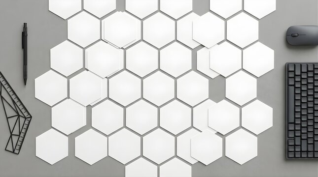 White hexagon paper tiles arranged on a grey office desk with accessories