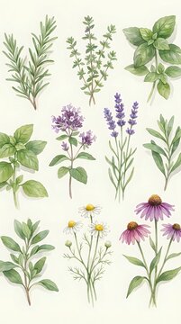 Botanical illustration featuring hand-drawn herbs and wildflowers