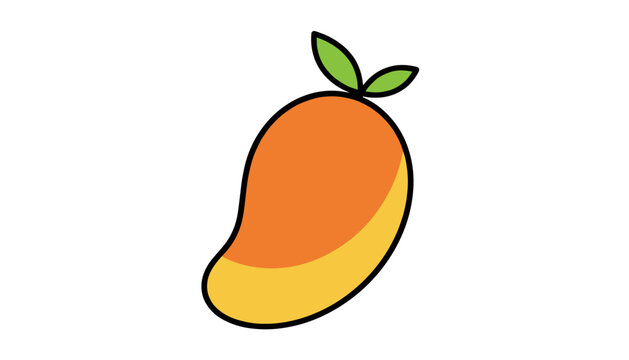 Simple flat vector illustration of a fresh orange and yellow mango fruit with green leaves on a white background.