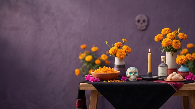 Traditional altar with offerings for Day of the Dead celebration  