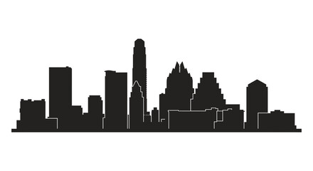 Fototapeta premium Black silhouette of the Austin, Texas city skyline featuring the Frost Bank Tower, The Independent, and downtown skyscrapers, isolated on a white background vector graphic.