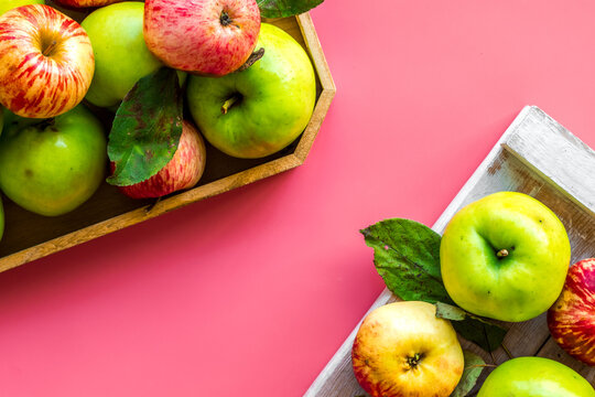 Autumn composition with fresh apples on pink background top view copy space