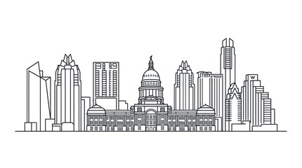 Fototapeta premium Minimalist black and white line art illustration of the Austin Texas city skyline featuring the Texas State Capitol building and downtown skyscrapers on a white background.