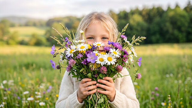A happy little girl holding a colorful bouquet of freshly picked wild flowers in a sunlit green meadow