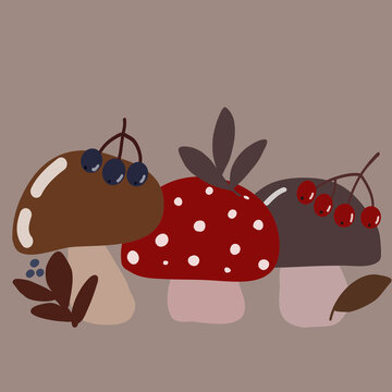 Seamless autumn forest pattern featuring mushrooms, wild berries, leaves, acorns and woodland elements in a cozy seasonal botanical illustration style. Perfect for fabric, wrapping paper 