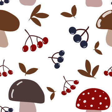 Seamless autumn forest pattern featuring mushrooms, wild berries, leaves, acorns and woodland elements in a cozy seasonal botanical illustration style. Perfect for fabric, wrapping paper 