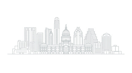 Fototapeta premium Austin Texas City Skyline Line Art Illustration Featuring the Texas State Capitol Building and Downtown Skyscrapers in a Minimalist Stylized Vector Outline Design.