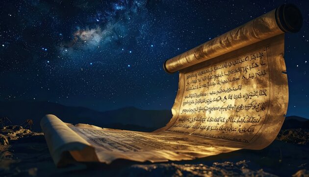 Illuminated old scroll on desert ground at night.