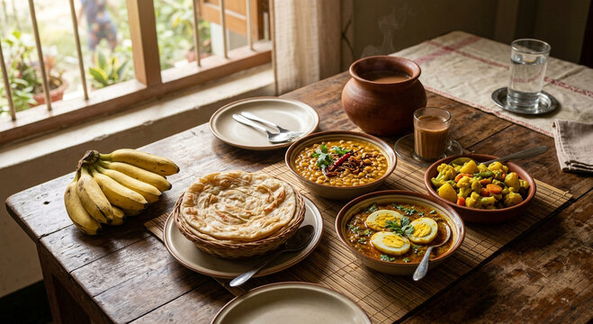 Traditional indian breakfast spread featuring layered paratha flatbreads and egg curry.