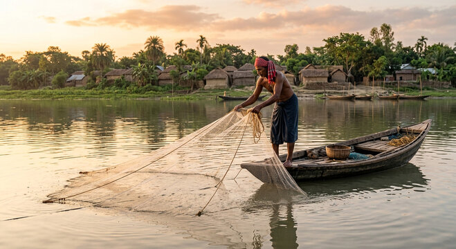 Local fisherman casts traditional white net from small wooden boat on calm river at sunset.