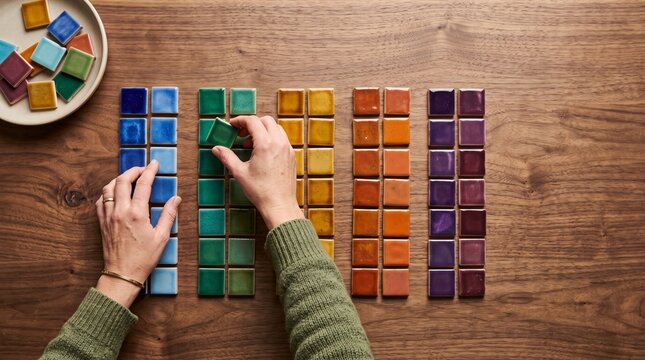 Hands sorting glazed ceramic tiles into a color gradient