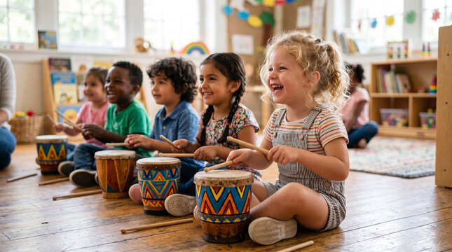 Preschool children play colorful hand drums during a music lesson in classroom.