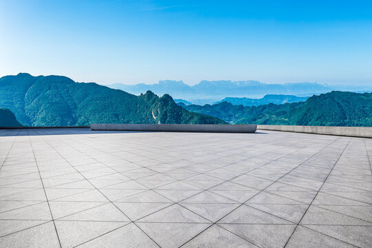 Empty plaza overlooking the panoramic forest mountain landscape in Zhangjiajie, China