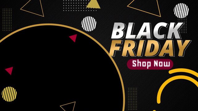 Black Friday promotional video overlay template featuring bold black, gold, and red geometric design elements. Includes a transparent circular frame placeholder for custom media insertion