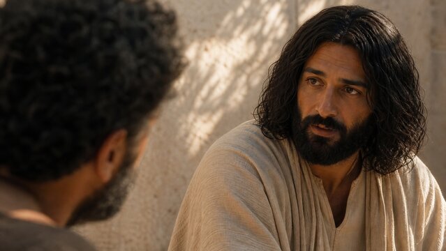 Biblical teacher speaking with a disciple in ancient setting. Parable of faithful stewardship, responsibility, readiness, and spiritual teaching from Luke 12.