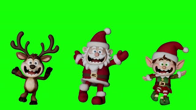 Funny crazy 3D cartoon Santa Claus reindeer and elf dancing together on green screen chroma key. Christmas holiday characters animation compositing overlay. Alpha channel. 3d rendering animation.