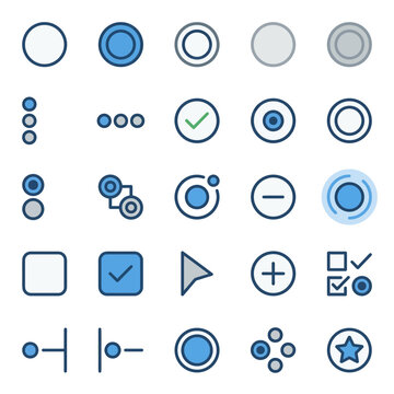User interface icons display blue and grey circular buttons, checkboxes, and navigation symbols.
