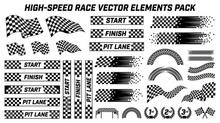 Fototapeta premium Racing pack with checkered flags, start and finish banners, speed motion trails, and tire tracks on a white background