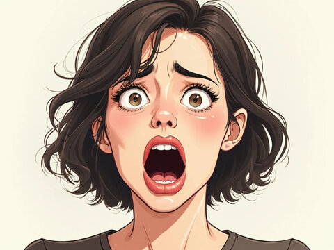 Frightened Woman with Brown Hair and Wide Eyes Screaming Illustration