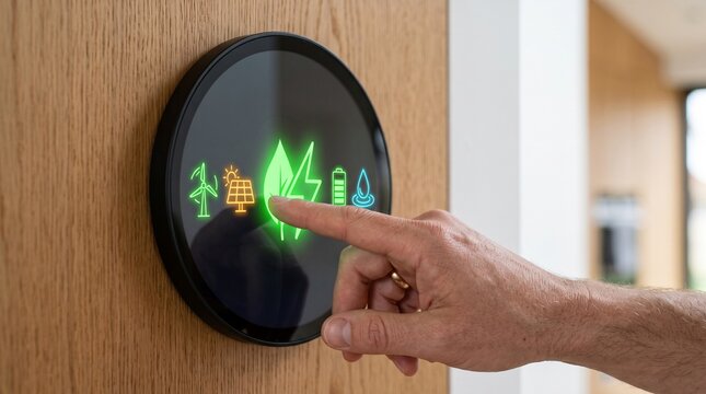 Interactive touch panel displaying various sustainability and energy icons on wooden wall with hand touching circular digital icons representing renewable energy