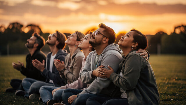 Diverse group sitting on grass looking up and clapping during golden hour sunset, perfect for community ads, social unity and hope campaigns