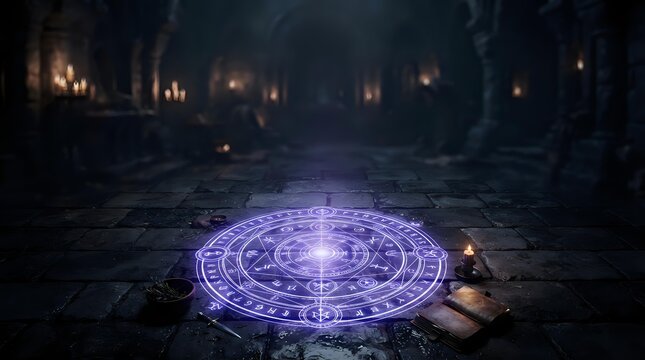 Glowing purple mystical circle with arcane symbols on stone floor