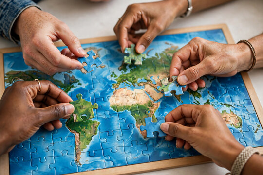 Diverse hands collaboratively assembling a world map puzzle, promoting global unity and cooperation, ideal for business strategy, travel planning and educational content