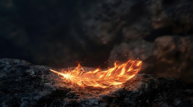 Glowing feather with golden flames resting on dark stone surface