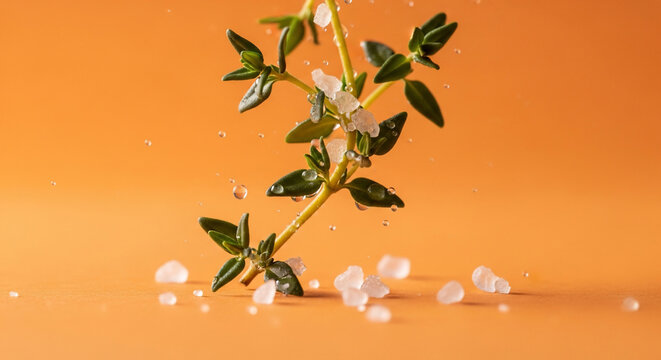 Fresh thyme sprig with water droplets and coarse salt crystals falling, ideal for food photography, culinary blogs and healthy eating promotions