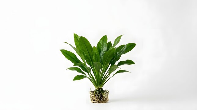 Lush green houseplant with roots in natural fiber pot on clean white background