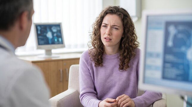 Young curly-haired woman seeks clarification from a physician in a bright diagnostic office, her furrowed expression conveying confusion, concern and careful processing of explained medical findings