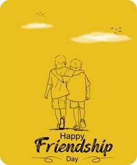 Happy Friendship Day illustration featuring two boys walking side by side with their arms around each other's shoulders.
