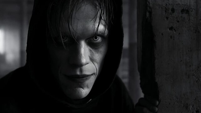 Creepy hooded man staring from behind a concrete pillar in an abandoned building. Sinister smiling stalker in the dark. Black and white horror scene
