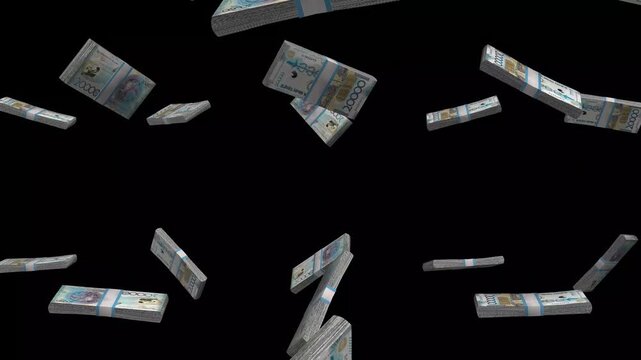Kazakhstan Money, Kazakh Tenge Banknotes Falling On Black Background, KZT Currency Stacks Dark Cinematic, 4K