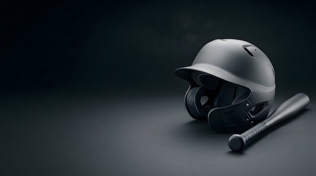 Grey baseball helmet and bat on dark surface
