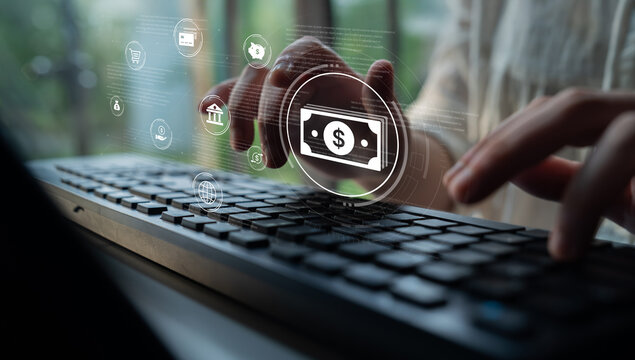 A fintech concept showing a network of digital banking services. This includes secure online payments, global transactions, and e-commerce for the modern financial system. Fermion