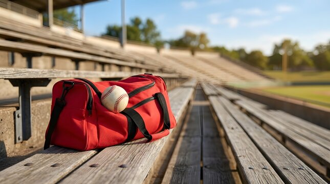 Red sports bag with baseball on bleachers at empty stadium