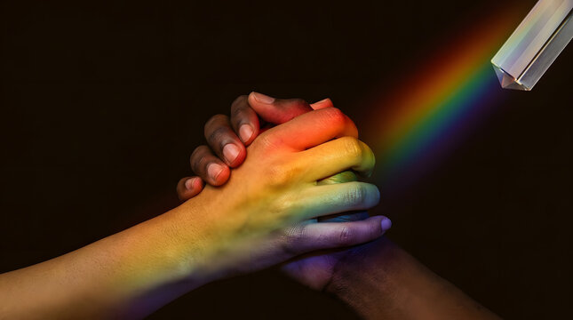 Diverse hands holding together under rainbow light prism effect for unity and equality