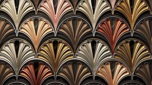 Elegant Art Deco Inspired Metallic Fan Pattern with Intricate 3D Sculpted Texture and Rich Gold Bronze and Copper Tones