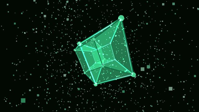 Abstract 3D geometric polyhedral shape animation featuring green neon wireframe nodes floating through a digital space of glowing particles