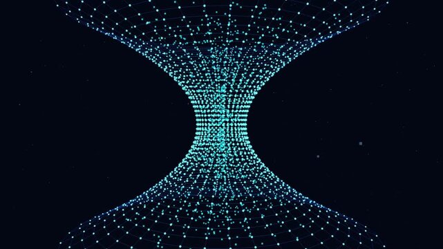 Abstract futuristic digital particle flow in an hourglass shape for a high-tech science animation background